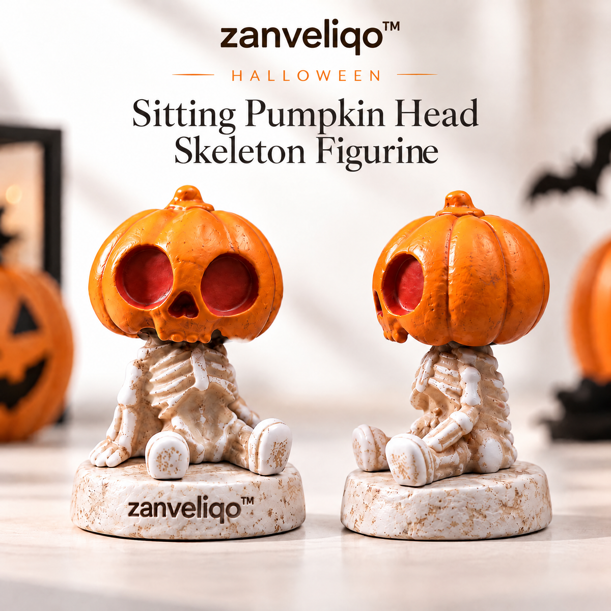 zanveliqo™ Halloween Sitting Pumpkin Head Skeleton Figurine