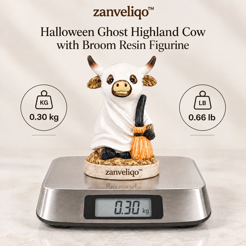 zanveliqo™ Halloween Ghost Highland Cow with Broom Resin Figurine