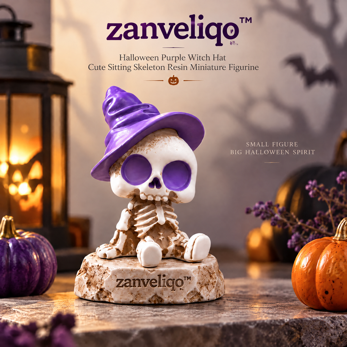 zanveliqo™ Halloween Purple Witch Hat Cute Sitting Skeleton Resin Miniature Figurine