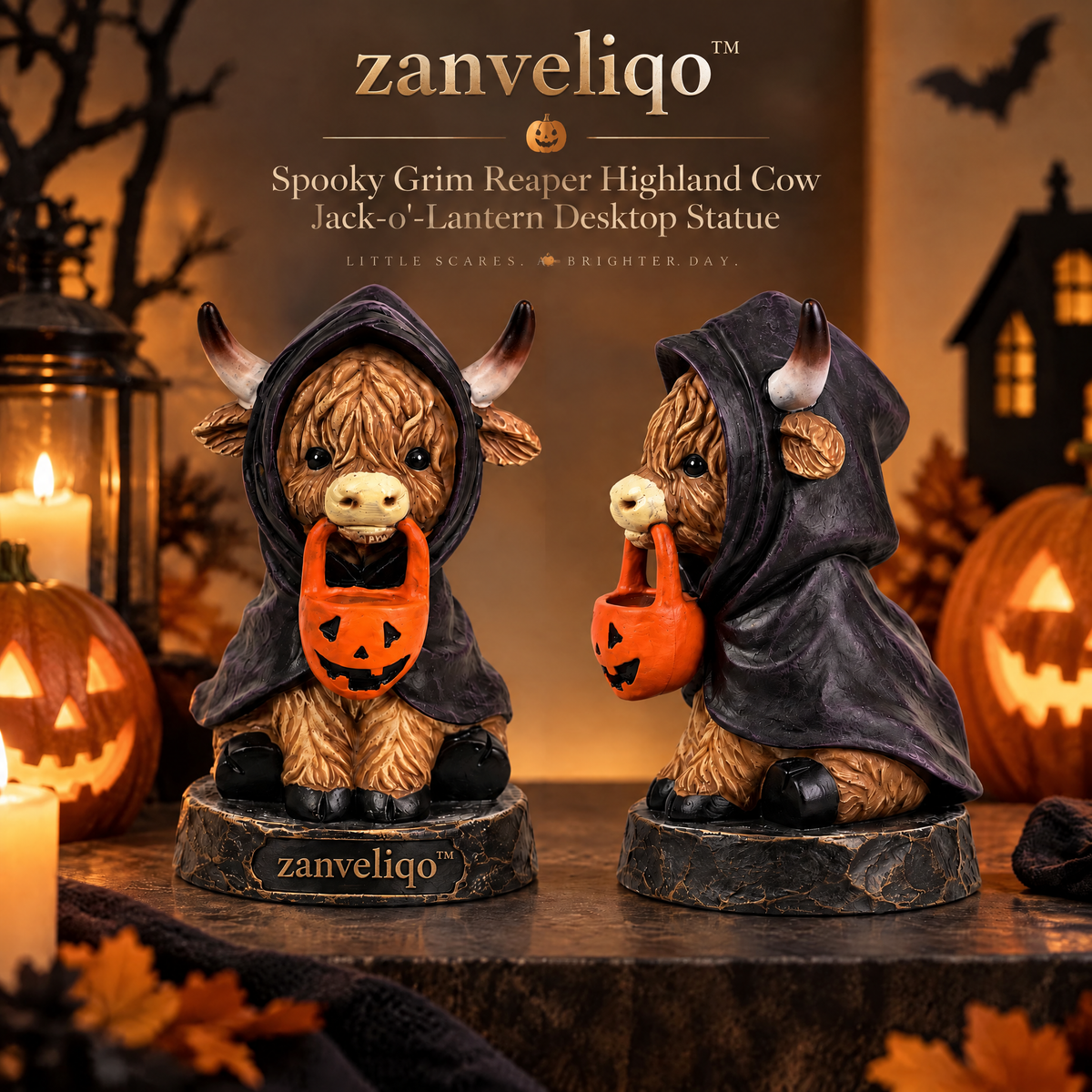zanveliqo™ Spooky-Cute Mummy Highland Calf & Jack-O'-Lantern Desktop Statue
