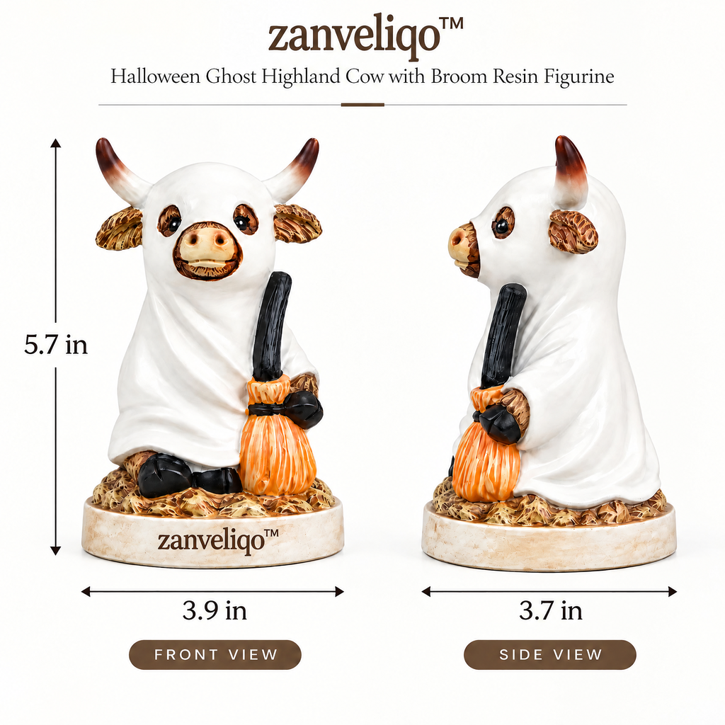 zanveliqo™ Halloween Ghost Highland Cow with Broom Resin Figurine