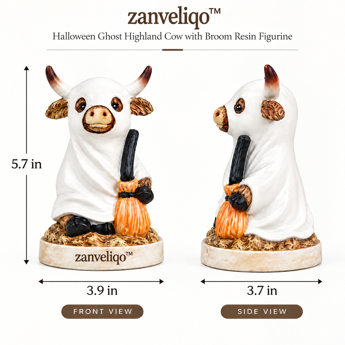 zanveliqo™ Halloween Ghost Highland Cow with Broom Resin Figurine