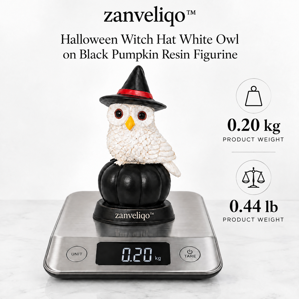 zanveliqo™ Halloween Witch Hat White Owl on Black Pumpkin Resin Figurine