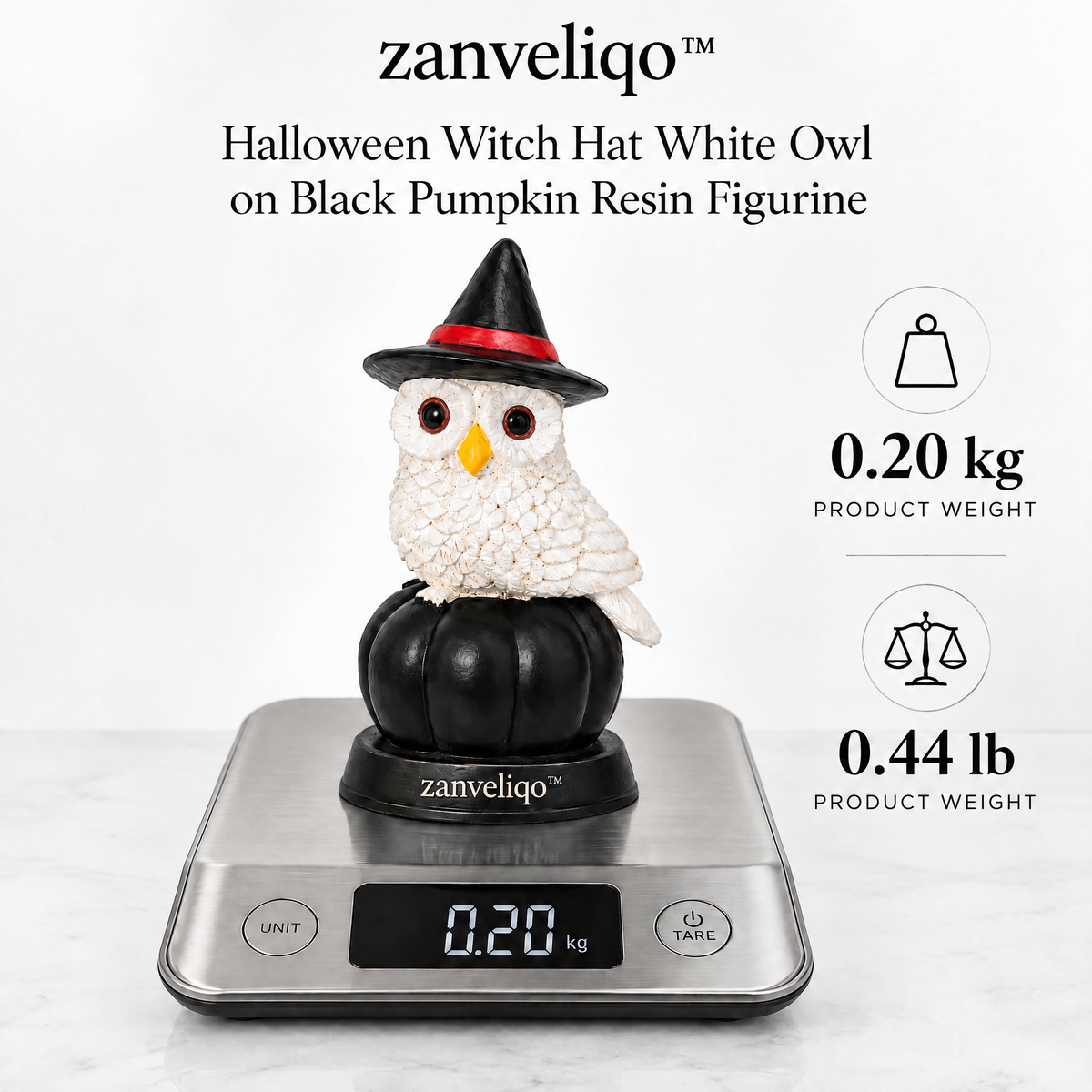 zanveliqo™ Halloween Witch Hat White Owl on Black Pumpkin Resin Figurine