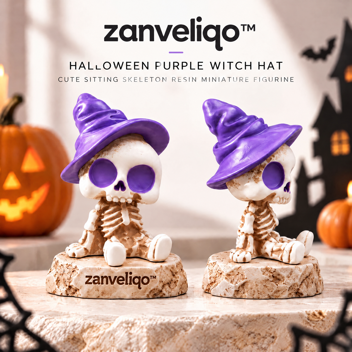 zanveliqo™ Halloween Purple Witch Hat Cute Sitting Skeleton Resin Miniature Figurine