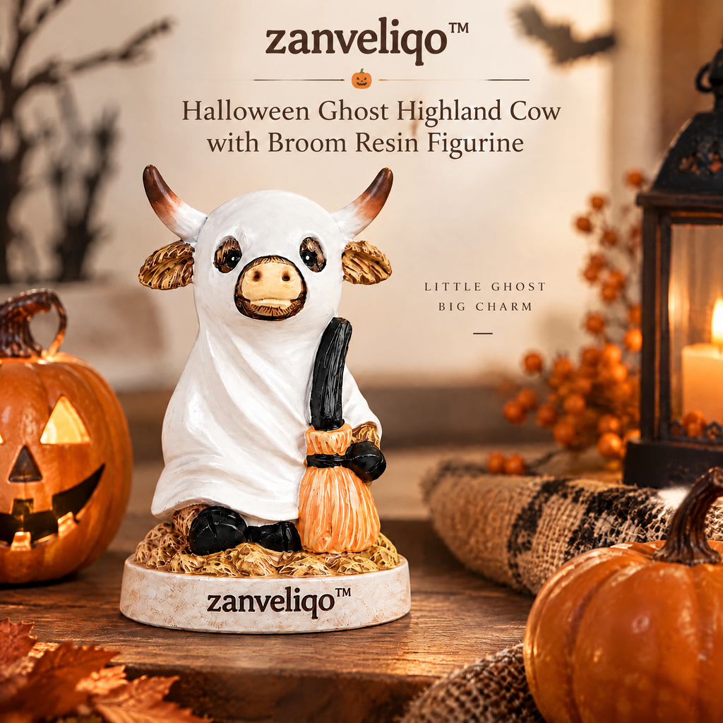 zanveliqo™ Halloween Ghost Highland Cow with Broom Resin Figurine