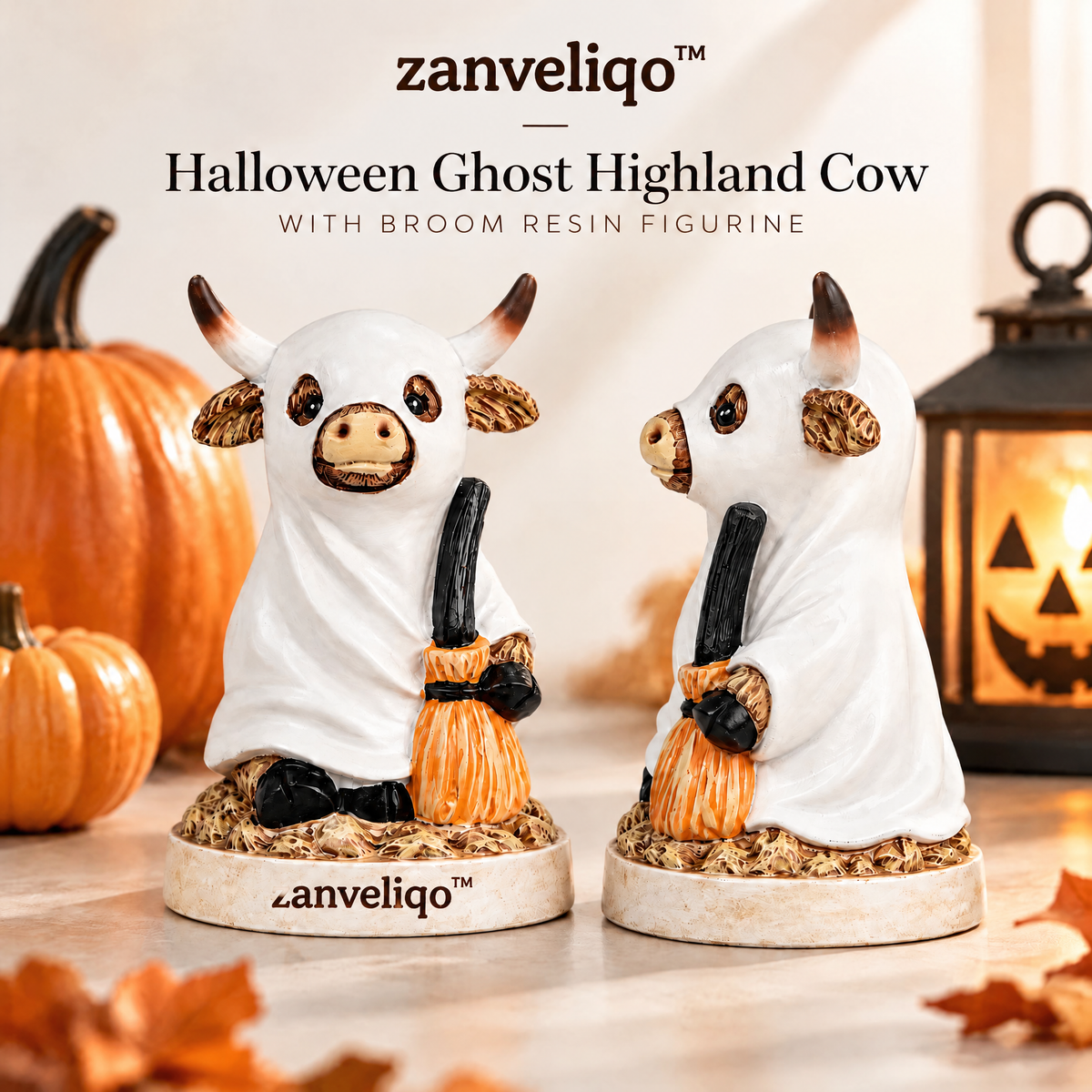 zanveliqo™ Halloween Ghost Highland Cow with Broom Resin Figurine
