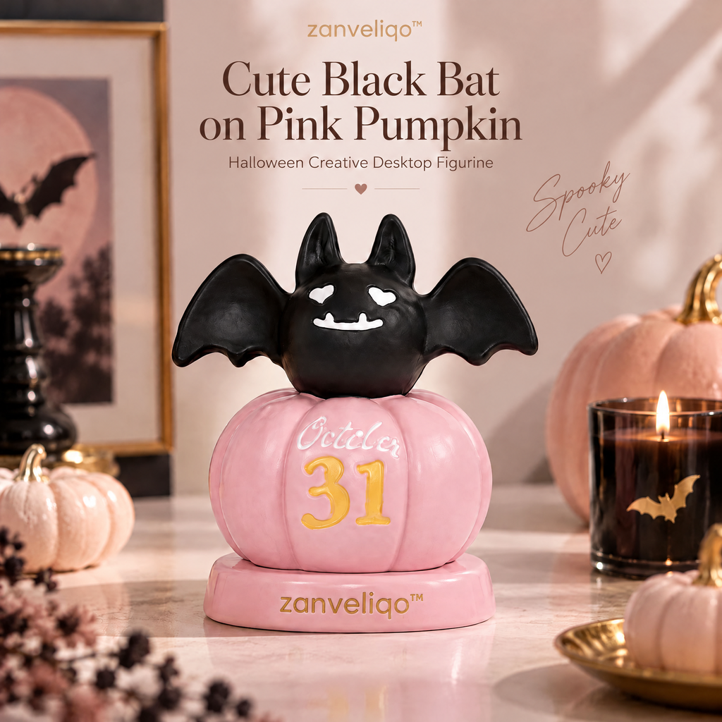 zanveliqo™ Cute Black Bat on Pink Pumpkin Halloween Creative Desktop Figurine