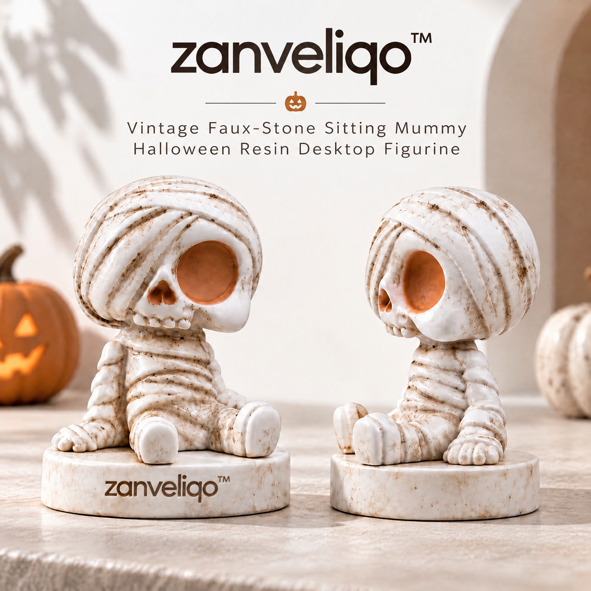 zanveliqo™ Vintage Faux-Stone Sitting Mummy Halloween Resin Desktop Figurine