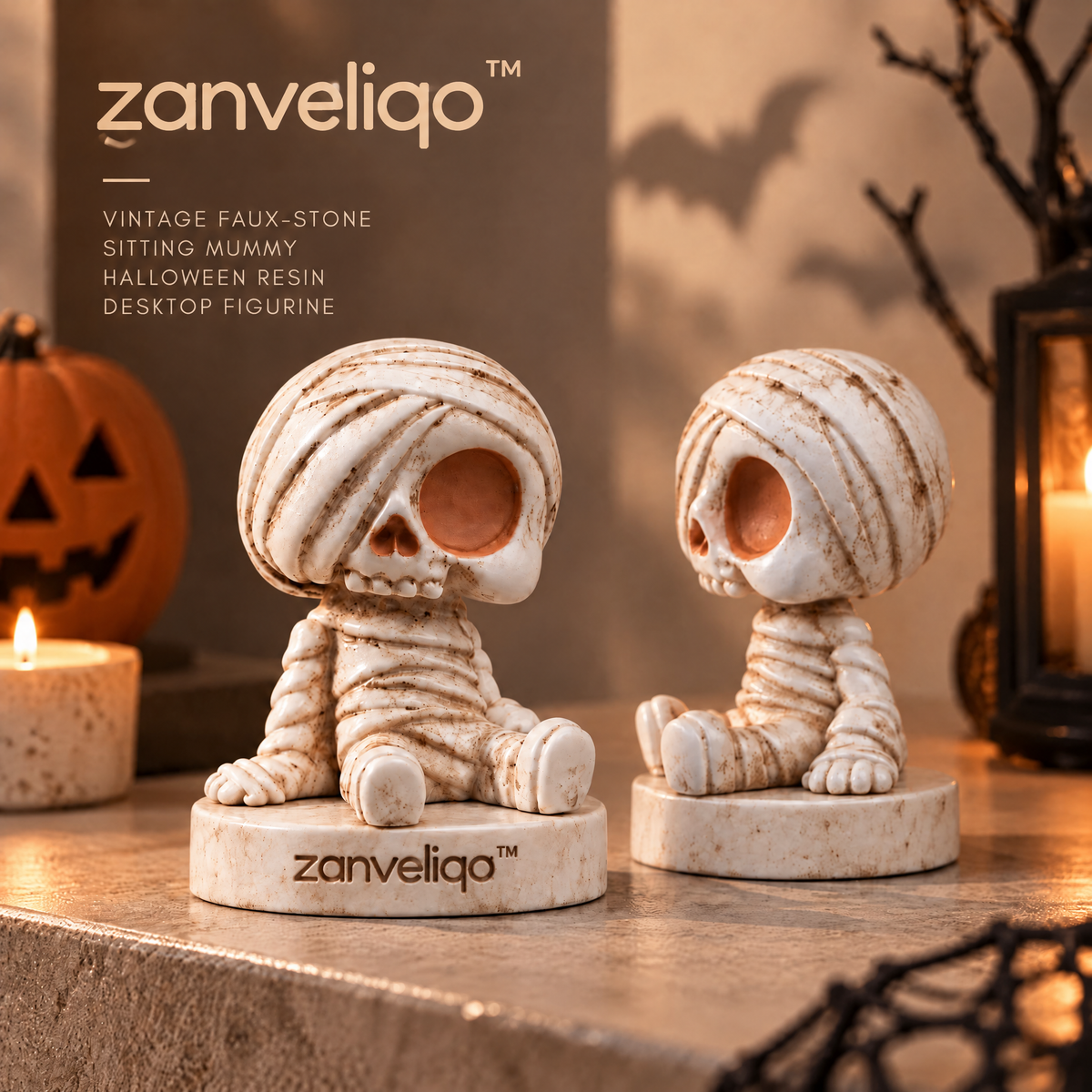zanveliqo™ Vintage Faux-Stone Sitting Mummy Halloween Resin Desktop Figurine
