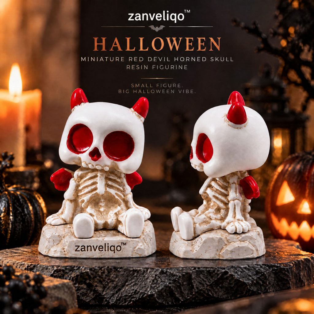 zanveliqo™ Halloween Miniature Red Devil Horned Skull Resin Figurine