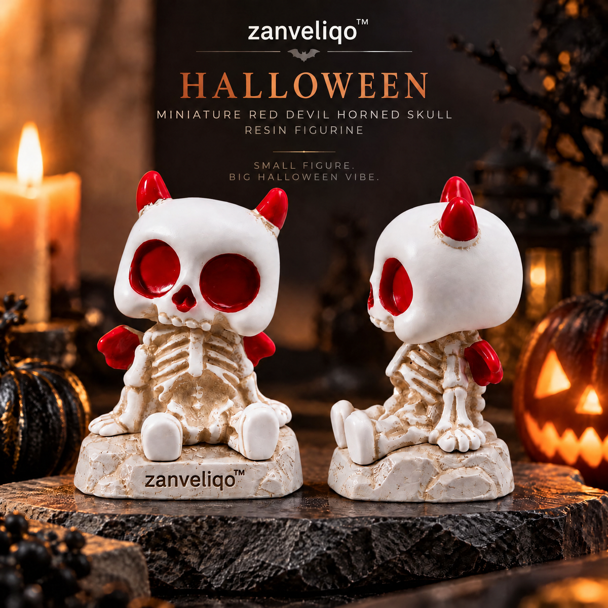 zanveliqo™ Halloween Miniature Red Devil Horned Skull Resin Figurine