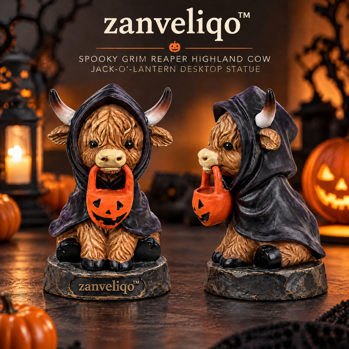 zanveliqo™ Spooky-Cute Mummy Highland Calf & Jack-O'-Lantern Desktop Statue