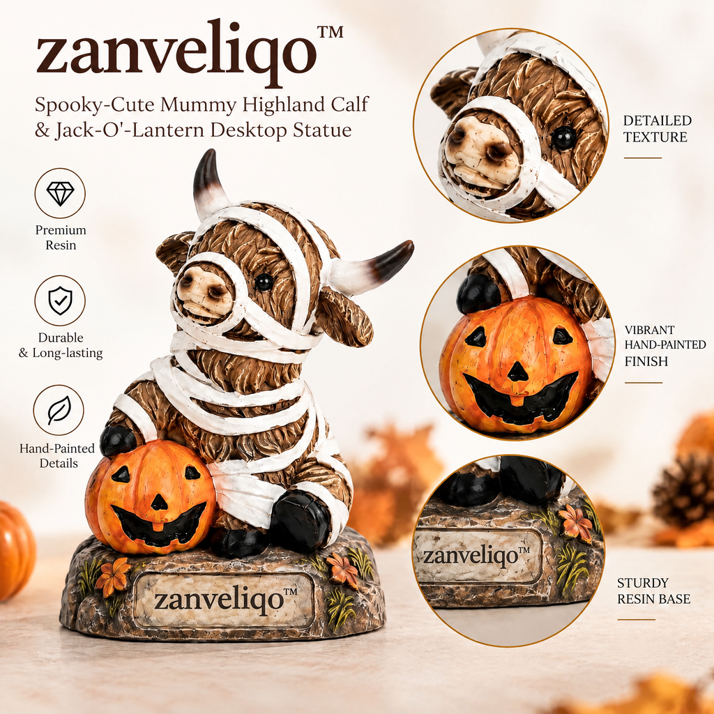zanveliqo™ Spooky Grim Reaper Highland Cow Jack-o'-Lantern Desktop Statue