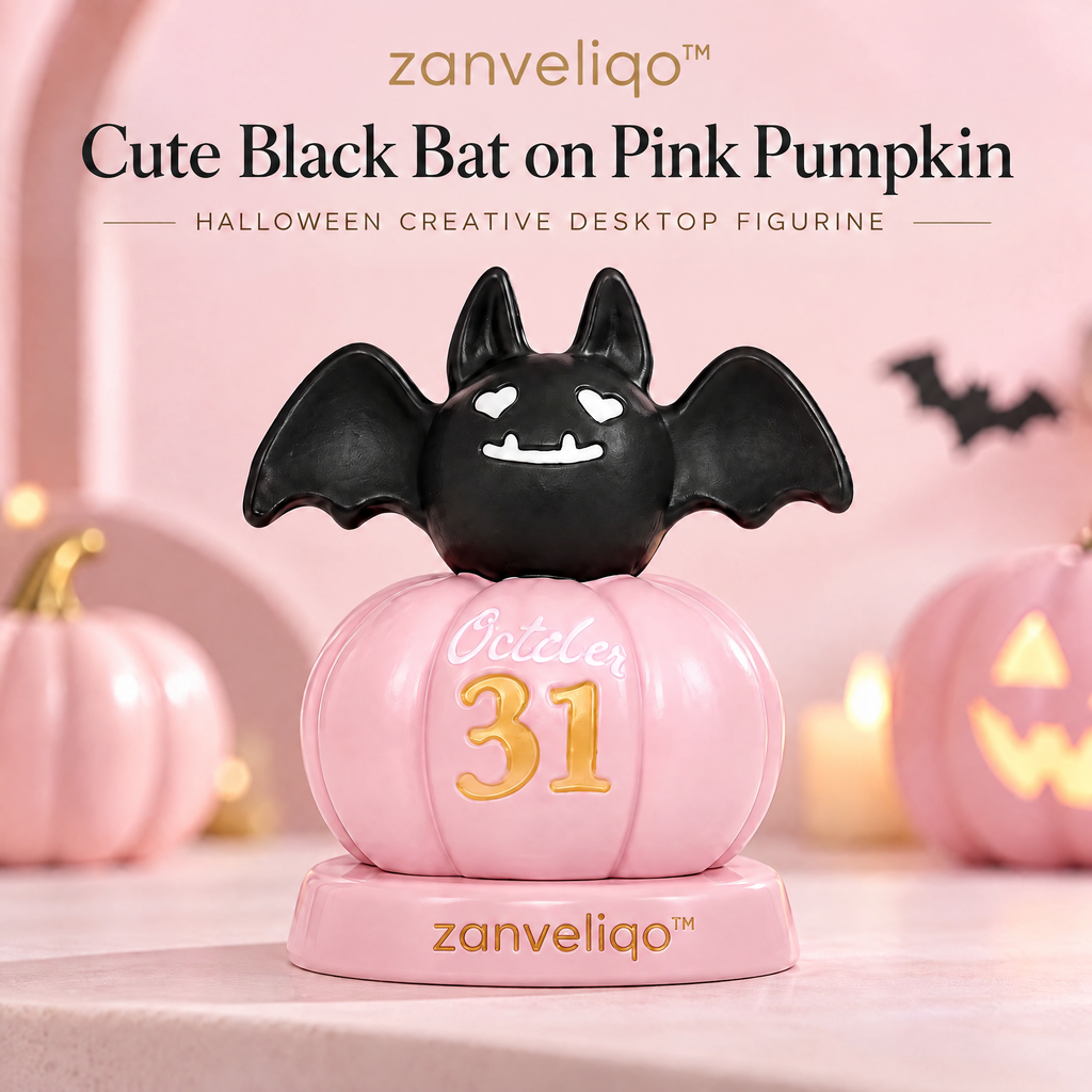 zanveliqo™ Cute Black Bat on Pink Pumpkin Halloween Creative Desktop Figurine