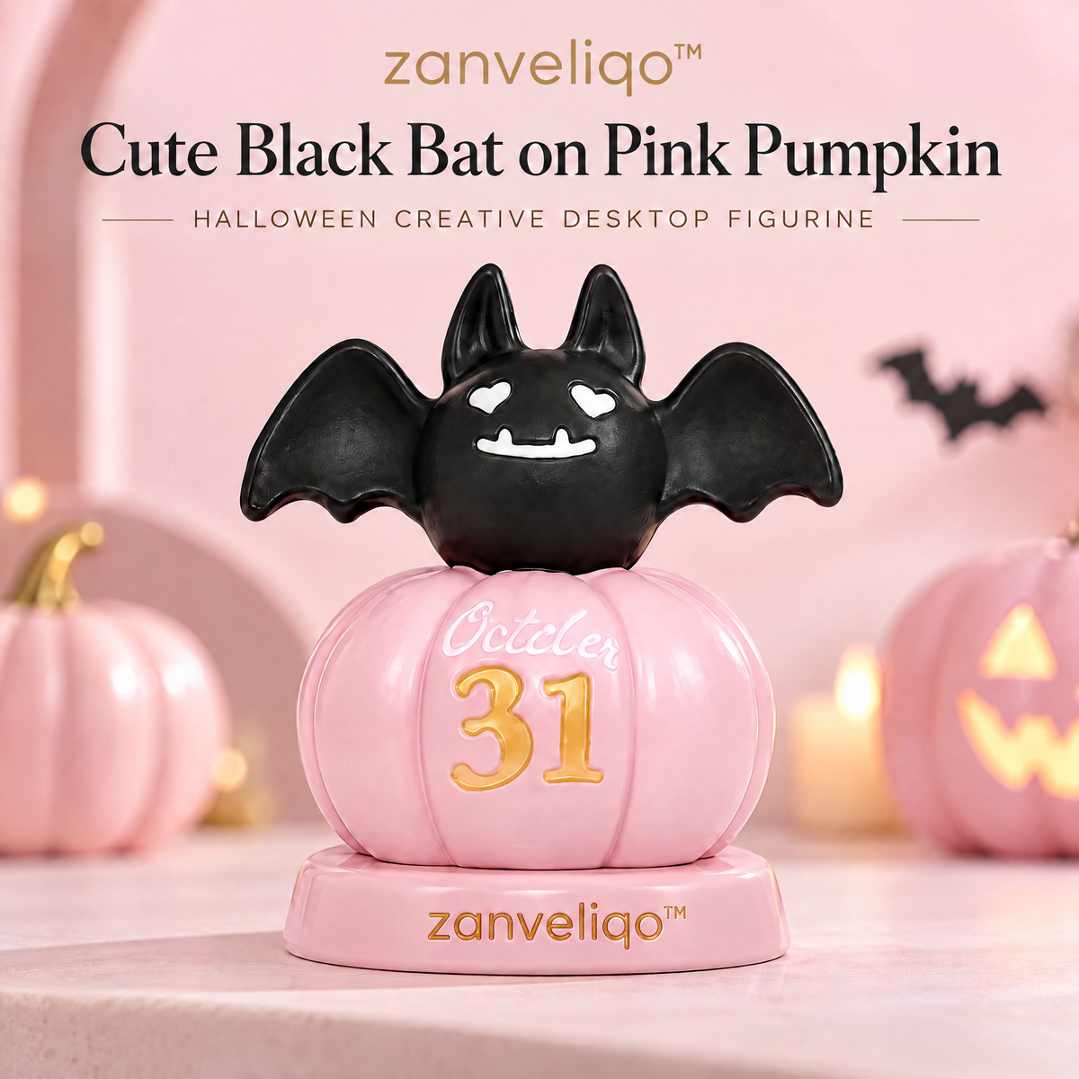 zanveliqo™ Cute Black Bat on Pink Pumpkin Halloween Creative Desktop Figurine
