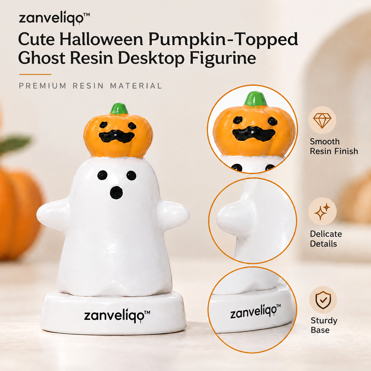 zanveliqo™ Cute Halloween Pumpkin-Topped Ghost Resin Desktop Figurine