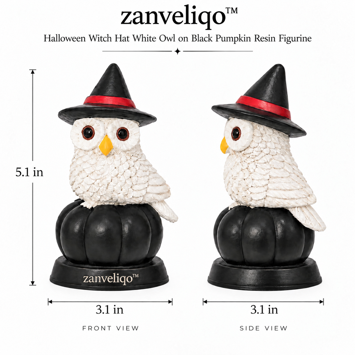 zanveliqo™ Halloween Witch Hat White Owl on Black Pumpkin Resin Figurine