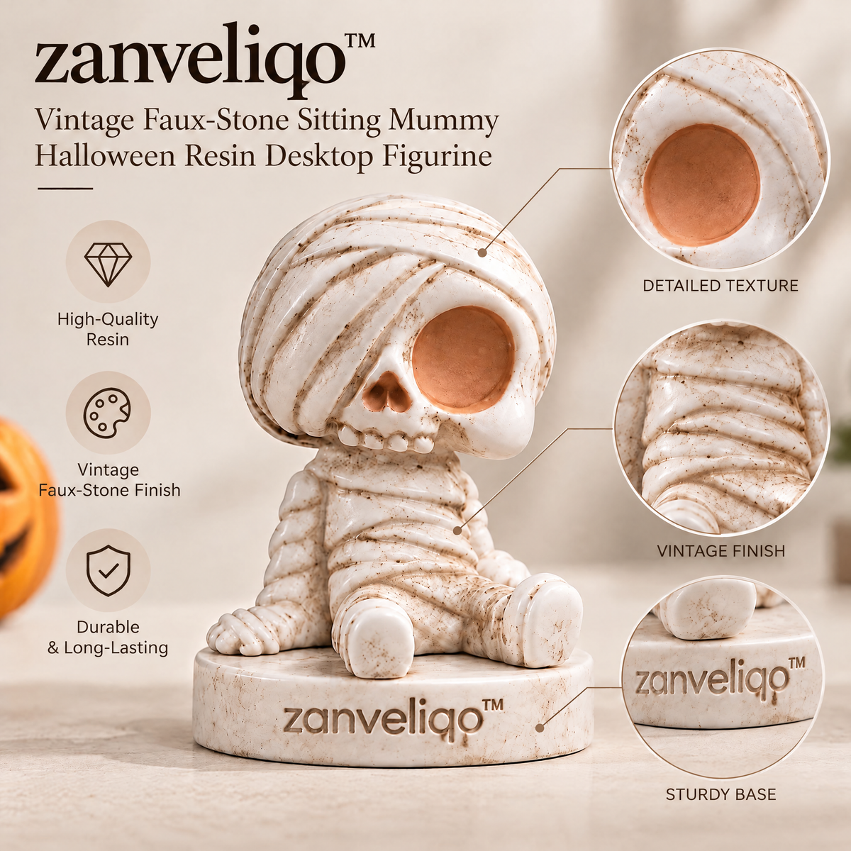 zanveliqo™ Vintage Faux-Stone Sitting Mummy Halloween Resin Desktop Figurine
