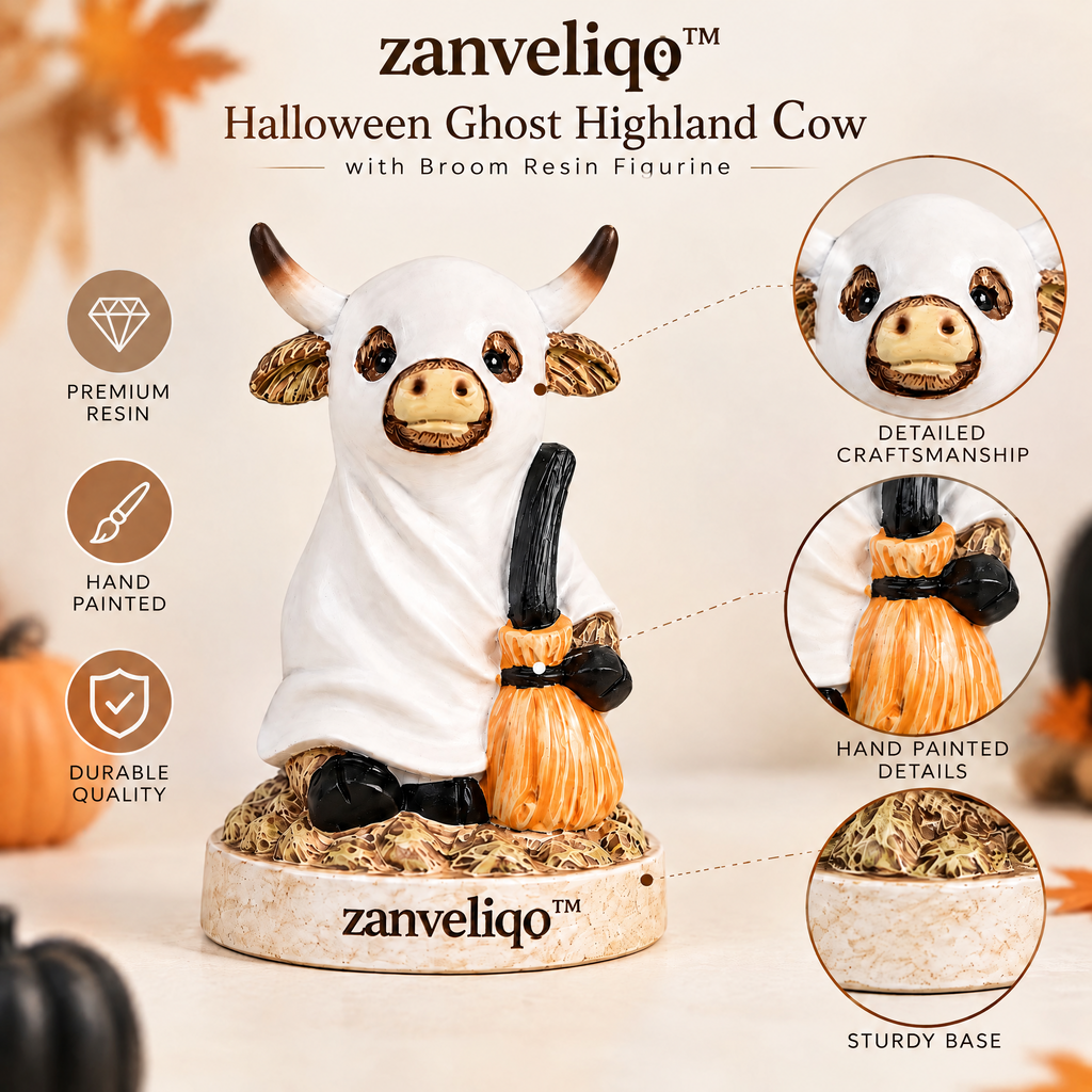 zanveliqo™ Halloween Ghost Highland Cow with Broom Resin Figurine