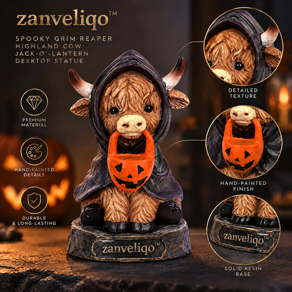 zanveliqo™ Spooky-Cute Mummy Highland Calf & Jack-O'-Lantern Desktop Statue