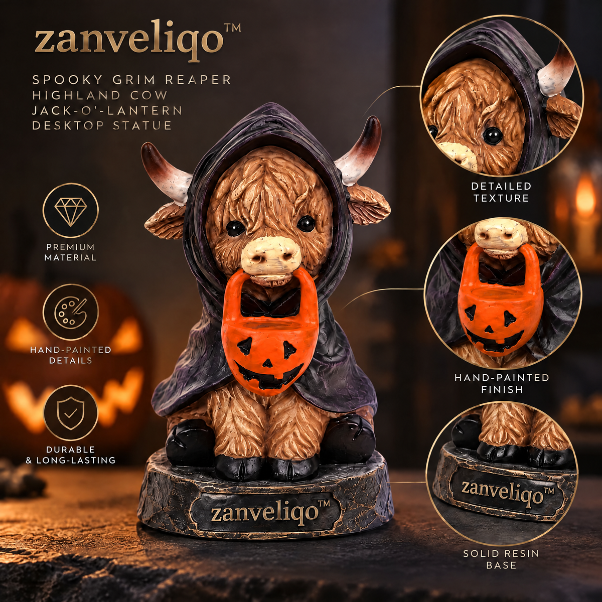 zanveliqo™ Spooky-Cute Mummy Highland Calf & Jack-O'-Lantern Desktop Statue