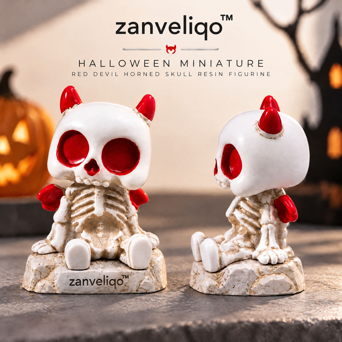 zanveliqo™ Halloween Miniature Red Devil Horned Skull Resin Figurine