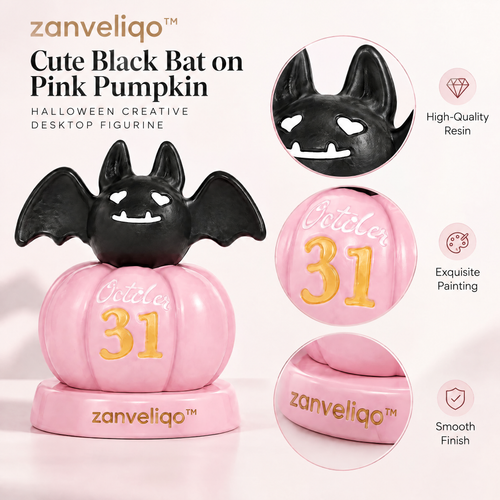 zanveliqo™ Cute Black Bat on Pink Pumpkin Halloween Creative Desktop Figurine