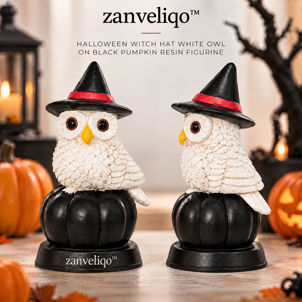 zanveliqo™ Halloween Witch Hat White Owl on Black Pumpkin Resin Figurine