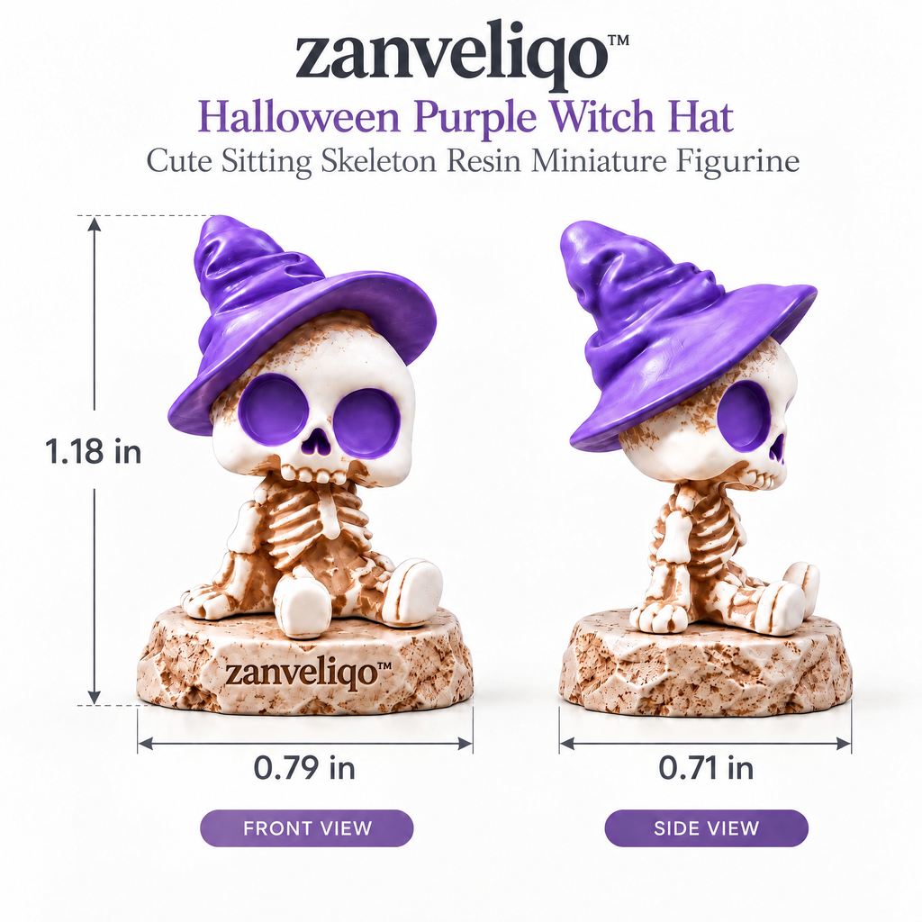 zanveliqo™ Halloween Purple Witch Hat Cute Sitting Skeleton Resin Miniature Figurine