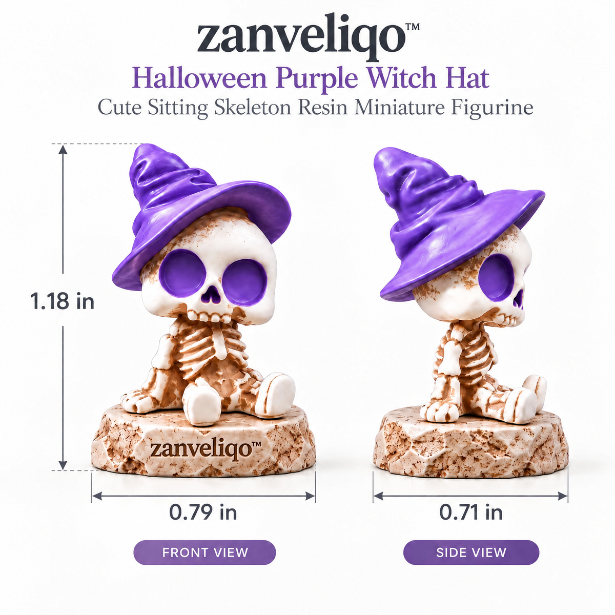 zanveliqo™ Halloween Purple Witch Hat Cute Sitting Skeleton Resin Miniature Figurine
