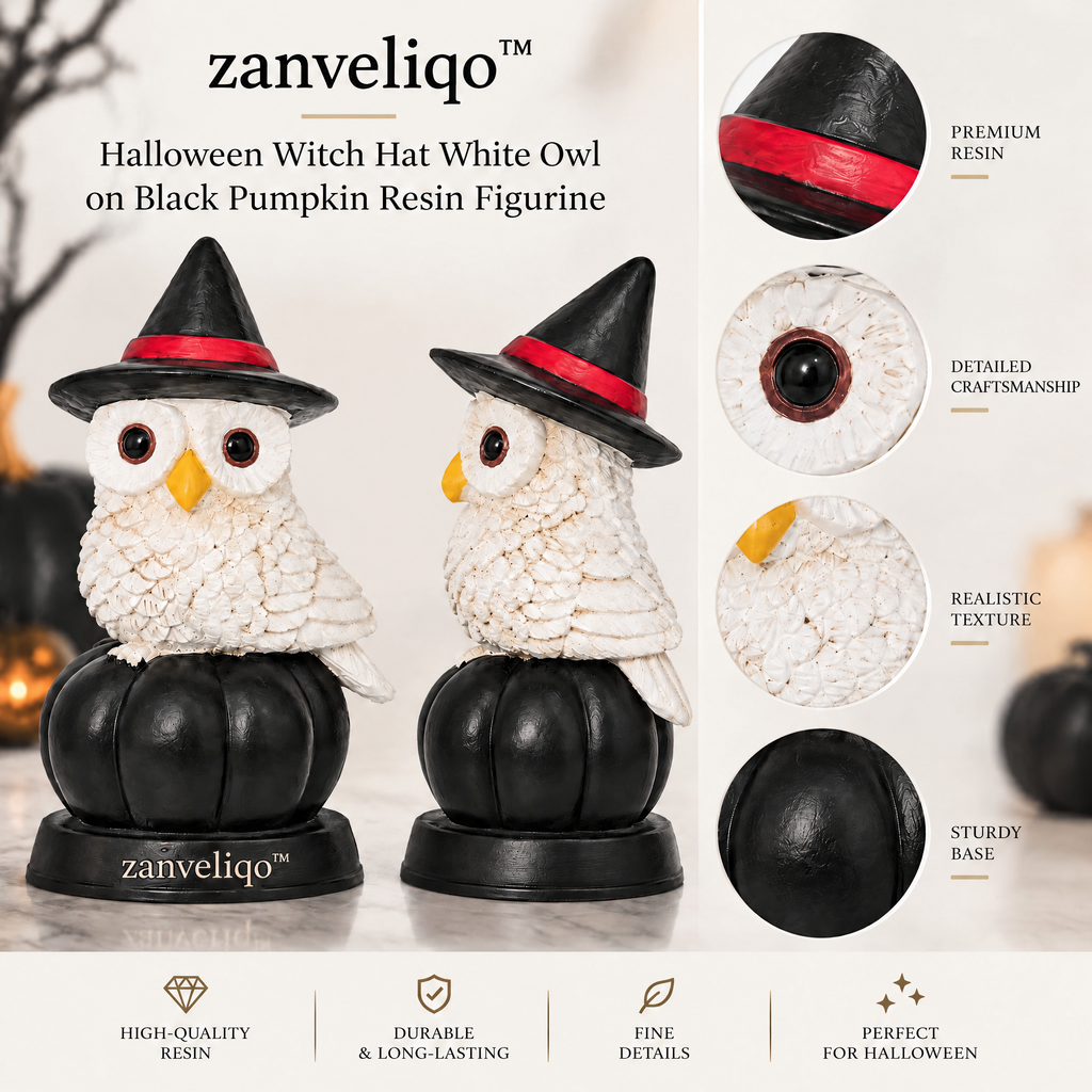 zanveliqo™ Halloween Witch Hat White Owl on Black Pumpkin Resin Figurine